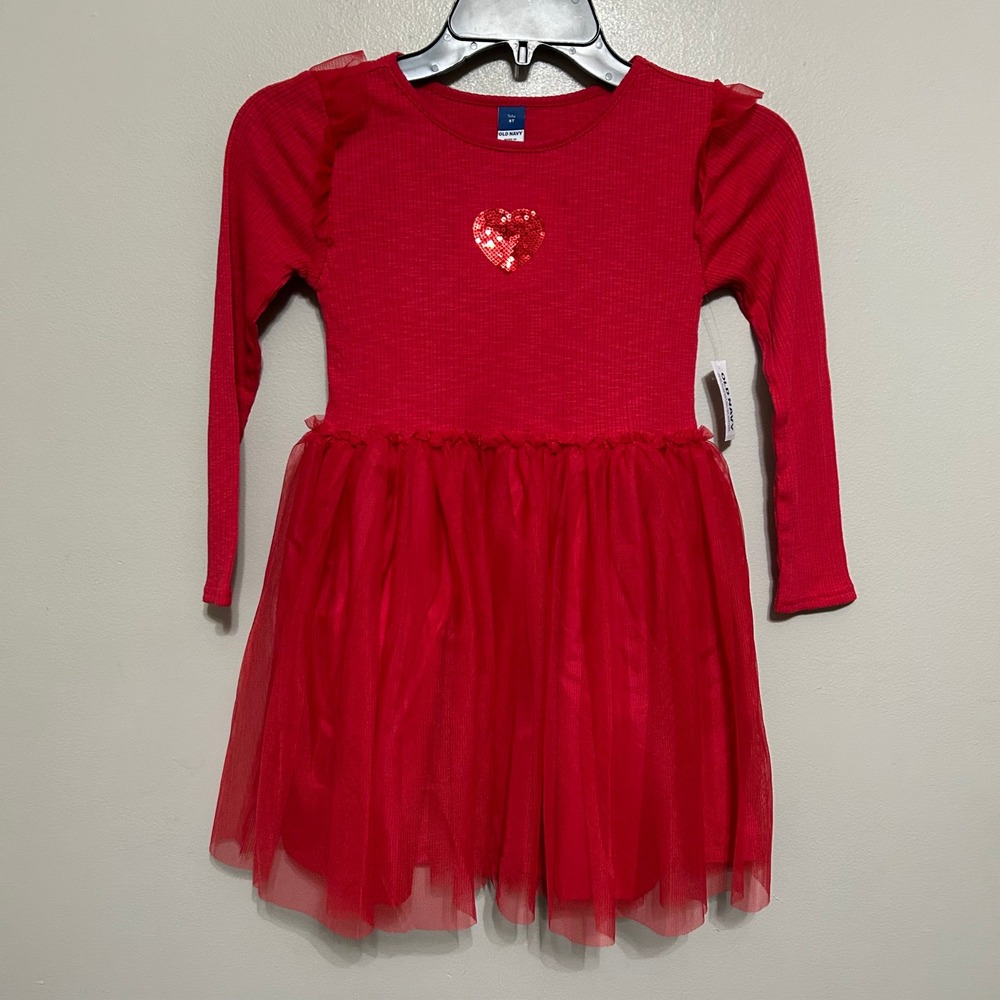 Old Navy Girls Tutu Dress 6T Red Heart Sequin Ruffle Long Sleeve Roma Red Party